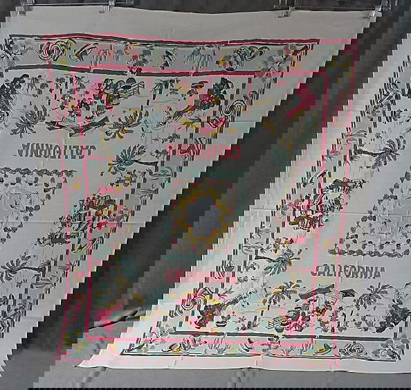 Vintage Souvenir Printed Tablecloth - California: Vintage Souvenir Printed Tablecloth - California, 46" x 48", cotton, in poor condition with a small hole stains and small spots. From the estate of Sharon Stark, noted Pennsylvania textile dealer and