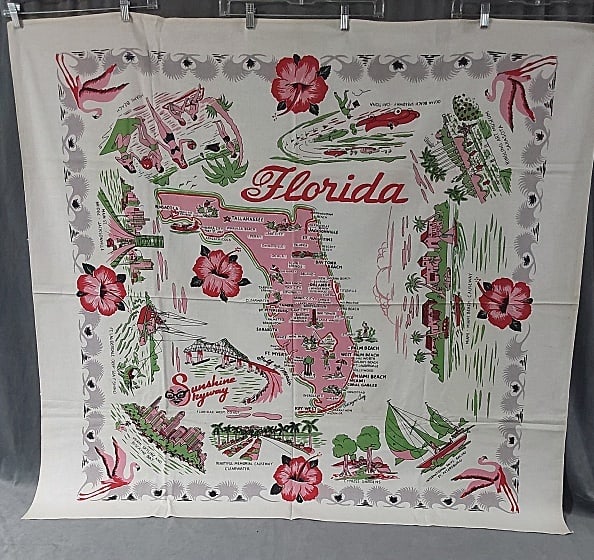 Vintage Souvenir Printed Tablecloth - Florida: Vintage Souvenir Printed Tablecloth - Florida, 48" x 51", cotton, fair condition with small spots and discoloration. From the estate of Sharon Stark, noted Pennsylvania textile dealer and award winnin