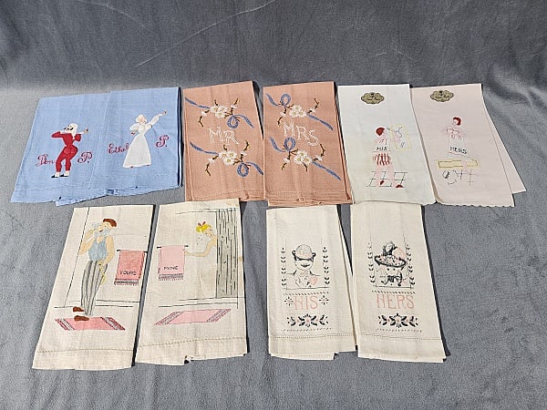 5 Pairs of Mr and Mrs Vintage Towels: 5 Pairs of Mr & Mrs Vintage Towels, linen and cotton with hand embroidery and hand applique. One pair is tinted linen. In overall fair to good condition with some discolorations, one has some fraying,