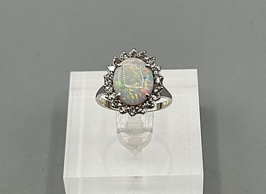 18K White Gold, Opal and Diamond Ring
