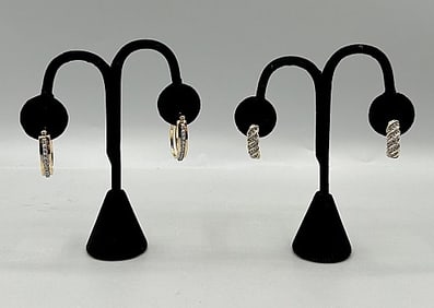 2 Pairs of 14K Gold and Diamond Hoop Earrings