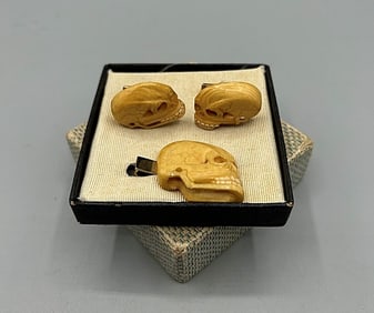 Vintage c1940 Carved Bone Skull Cufflinks and Tie Bar Set