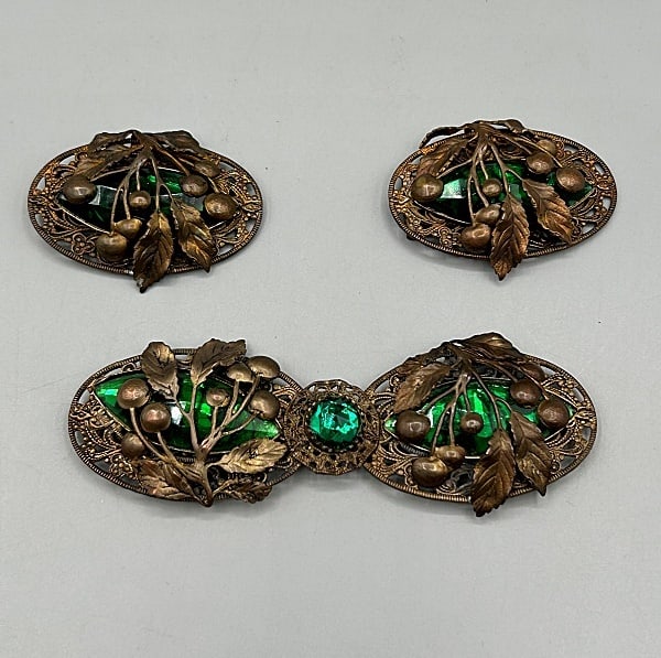Art Deco Stamped Brass Belt Buckle and Dress Clips Set (1 of 4)