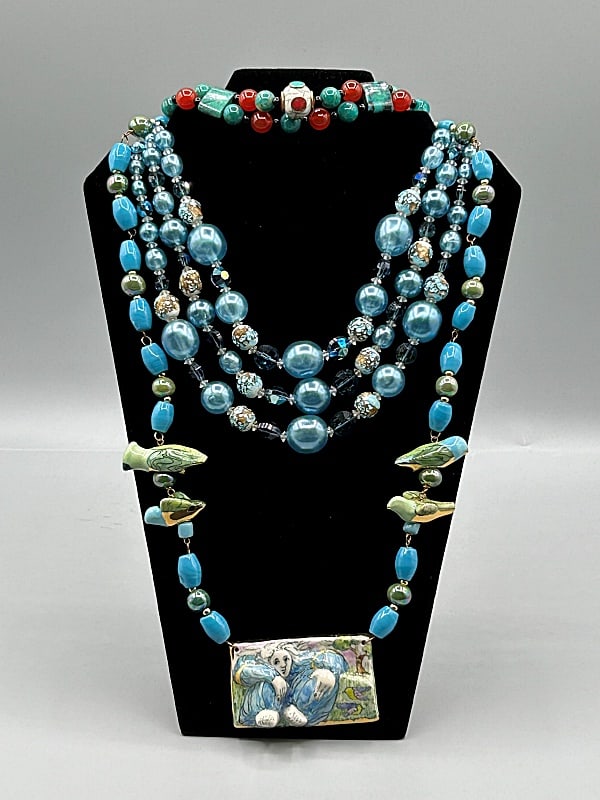 3 Necklaces-Stone, Vintage, and More: Group of 3 Necklaces-Stone, Vintage, and More. The group includes 1 handmade 15'' long, double strand choker featuring a mix of chrysocolla, blister pearl, carnelian, and Tibetan beads. As well as a s