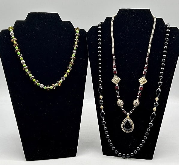 3 Necklaces- 14K and More: Group of 3 Necklaces- 14K and More. The group includes 1 vintage c1980 29'' long hand knotted black chalcedony bead necklace with ribbed 14K yellow gold accent beads. The gold beads were acid tested a