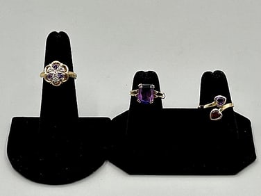 3 Gold Rings Set with Amethysts and More