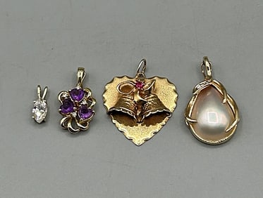 4 14k Pendants-Pearl, Amethyst, and More