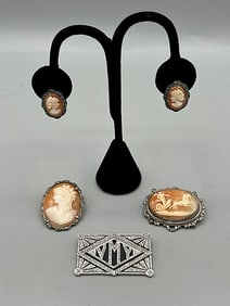 Group of Silver and Marcasite Brooches-Cameos and More