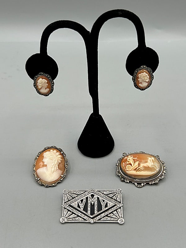 Group of Silver and Marcasite Brooches-Cameos and More (1 of 14)