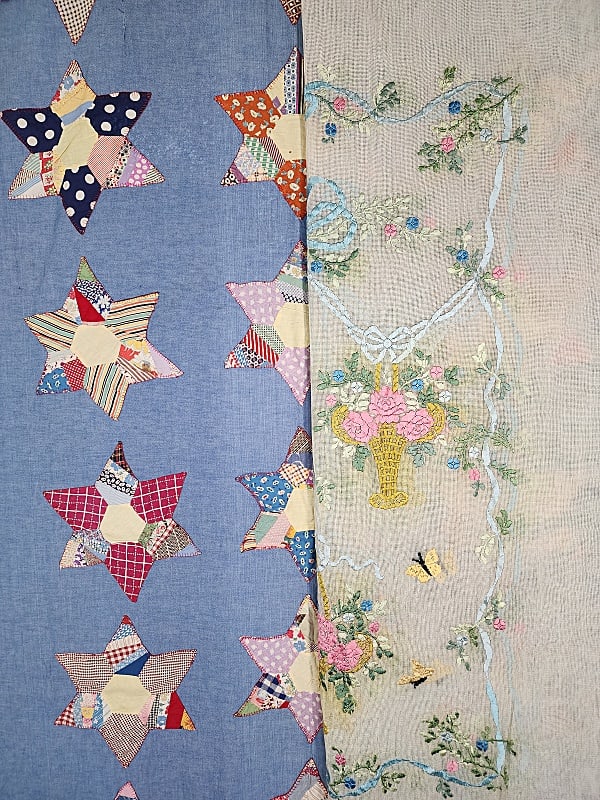 2 Vintage Bed Covers - Applique Star and more: Vintage c1950 hand appliqued 6 Pointed Star on a denim like cotton fabric measuring 83 by 98 inches. 35 stars are hand appliquéd onto the fabric. It is hand embroidered in red thread around each star