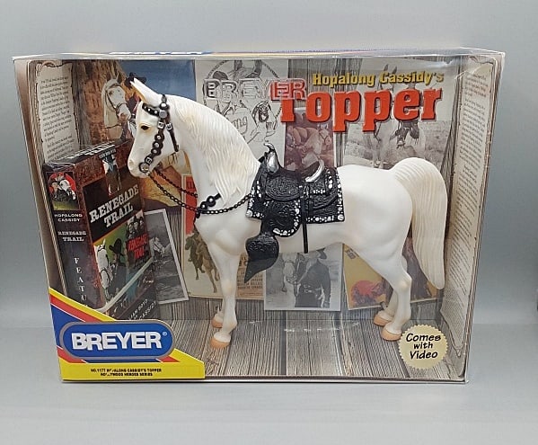 Breyer 2003 Hopalong Cassidy's Topper #1177: Breyer Hopalong Cassidy's Topper #1177 Hollywood Heroes Series 2003. Traditional Breyer horse in an original matter white finish in the Western Horse mold. Comes with black saddle and reins and a Rene