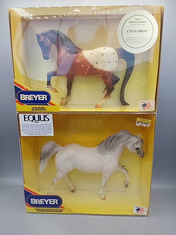 Breyer Cinnamon LE #939 & Equus Arabian #983: Breyer Cinnamon 1996 LE #939 & Equus Arabian Race Horse and Equus Magazine Namesake #983. Traditional Breyer horses in their original finish, never removed from their boxes. Cinnamon is in the Lady Ro