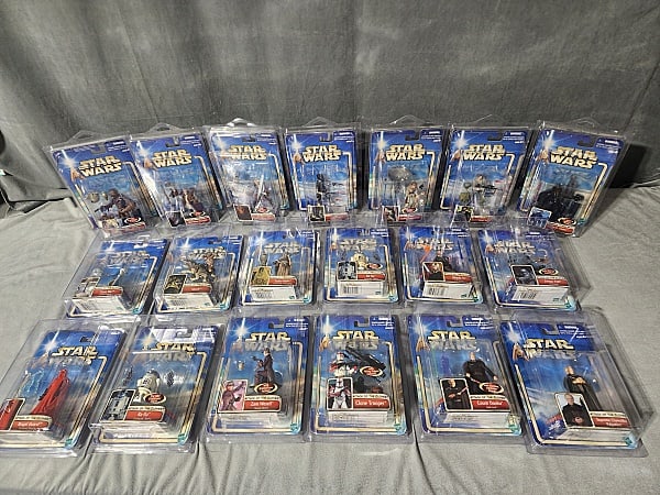 19 Star Wars Attack of the Clones: 19 Star Wars Attack of the Clones. Includes 2002 Star Wars Attack of the Clones No. 8 Tusken Raider, female with Tusken child. 2002 Star Wars Attack of the Clones No 25 Taun We Kamino Cloner. 2002 Sta