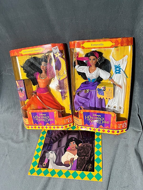 Disney Esmeralda and Dancing Gypsy Esmeralda: 2 Disney's Hunchback of Notre Dame Dolls includes Gypsy Dancing Esmeralda and Esmeralda. 1995. Both in original boxes and in good condition, boxes slightly dented. Along with a Disney's Hunchback of N