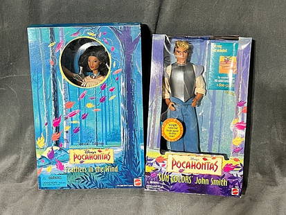 Disney Pocahontas and John Smith Dolls: 2 Disney Pocahontas Dolls. Includes 1996 Special Edition Pocahontas Feathers in the Wind Doll. And 1995 Pocahontas Sun Colors John Smith Doll. Both in original boxes, both with some denting, John Smit