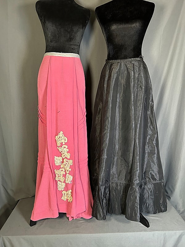 Pair of Late 19th Century Skirts: Pair of Late 19th Century Skirts. The group includes 2 late 19th century skirts featuring 1 dusty rose colored wool crepe skirt with a multitude of horizontal, vertical, and angled pickups and embelli