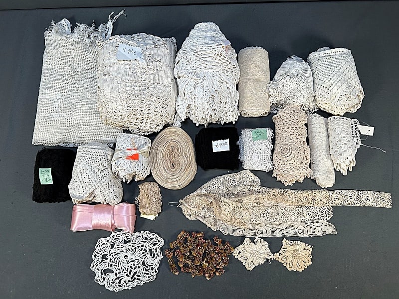 Group of Crochet Lace Yardage and More: Group of Crochet Lace Yardage and More. The group includes well over 60 yards of vintage and antique cotton trim/edging featuring a mix of crochet, filet crochet, and machine lace. As well as pink sil