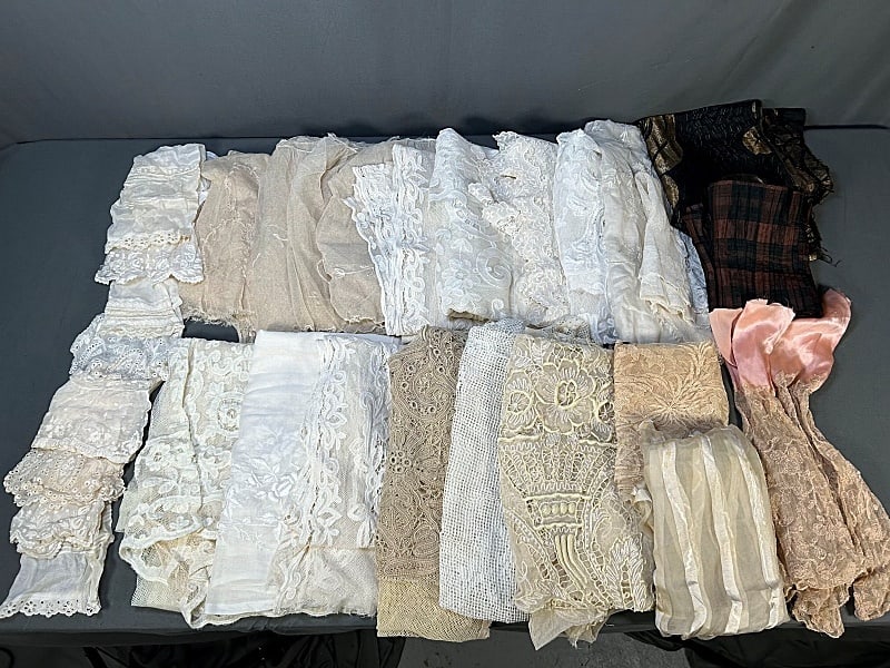 Large Group of Antique Lace Salvage: Large Group of Antique Lace Salvage. The group includes 29 pieces of antique lace salvage featuring a vast array of lace techniques. Such as embroidered net, cut work, picotage, tape lace, filet lace.