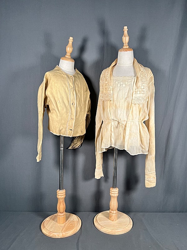 19th Century Jacket and Blouse: 19th Century Jacket and Blouse. The group includes 1, antique 19th century children's jacket and 1 Edwardian cotton blouse. The childrens jacket features a shell made from possibly doe skin or kid ski
