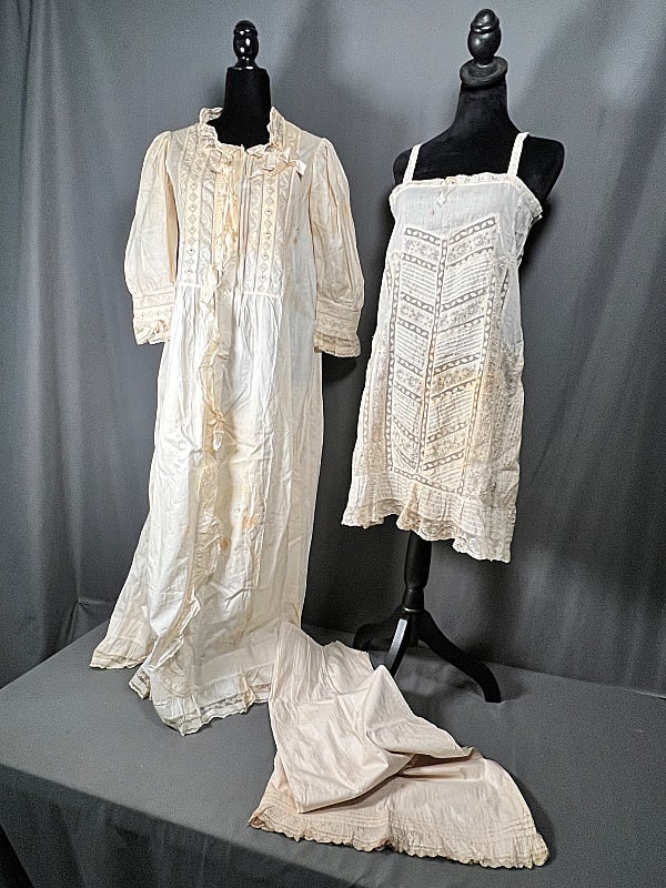 Group of Antique Chemises and More: Group of Antique Chemises and More. The group includes 1, 19th century nightgown, 1 antique 1920's chemise/slip, and 1, 19th century nightgown remnant. The 19th century full length linen nightgown fea