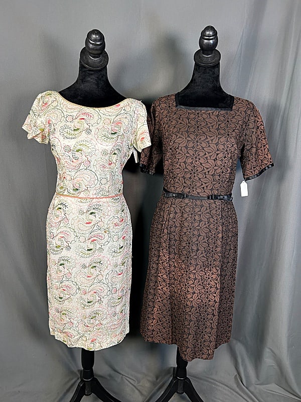 Pair of Vintage c1950 Dresses: Pair of Vintage c1950 Dresses. The lot includes 1 vintage c1950 size 8 wiggle dress featuring short sleeves, a round neckline, and a shell made white polyester embroidered in paisley patterns in shade