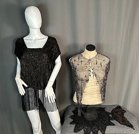 Early 20th Century Beaded Remnants: Early 20th Century Beaded Remnants. The lot includes 1 antique c1920's beaded sleeveless top made from 19th century beaded knit and fringe. It is in poor condition with the silk knit shredding in seve