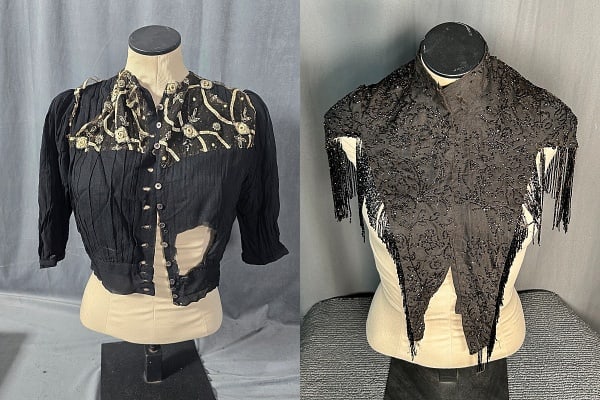 Late 19th Century Clothing Remnants: Late 19th Century Clothing Remnants. The lot includes 1 late 19th century pleated black silk chiffon blouse featuring a black net overlay yoke embellished with tape lace, seed beads, and silver spangl