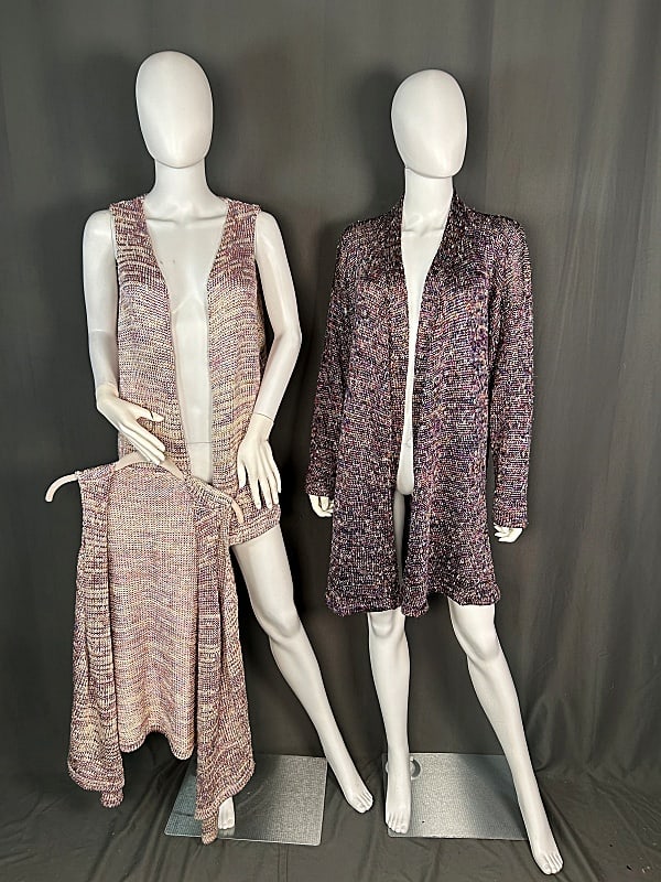 3 Vintage c1980 Knit Silk Blend Tops: 3 Vintage c1980 Knit Silk Blend Tops. The lot includes 1 vintage c1980 knit silk blend cardigan believed to be made by artist Sandra Rubel. It features a multiple blended colors and long sleeves and c