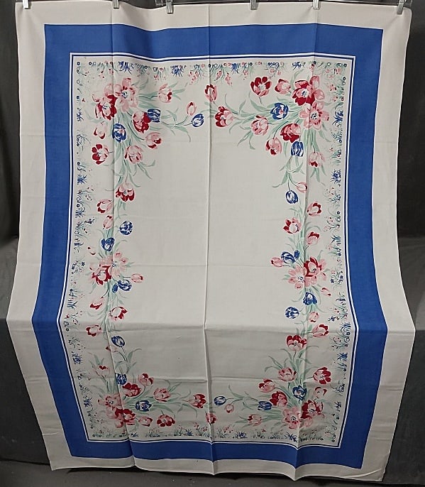 Vintage Printed Cotton Tablecloth - Pink and Blue Tulips (1 of 6)