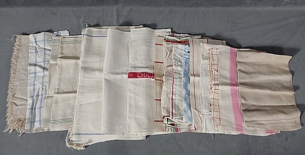 16 Vintage Woven Dish Towels - Miscellaneous: 16 Vintage Woven Dish Towels - Miscellaneous. 16 vintage woven dish towels in solids, stripes and plaids, content is linen, cotton or a blend, in mostly good condition with storage discoloration and s