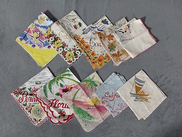 10 Vintage Handkerchiefs - Souvenir Group 3: 10 Vintage Handkerchiefs - Souvenir Group 3. 10 vintage cotton printed Handkerchiefs with a souvenir theme, destinations include Florida, California, Hawaii, Pennsylvania, Copenhagen, Canada, and Berm