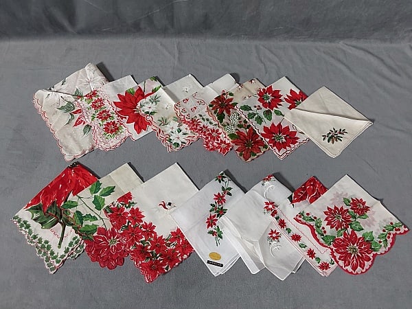 15 Vintage Printed Cotton Handkerchiefs - Poinsettia Group 5: 15 Vintage Printed Cotton Handkerchiefs - Poinsettia Group 5. Group includes 15 vintage printed cotton handkerchiefs with poinsettia theme. All in good to very good condition, may have minor discolora