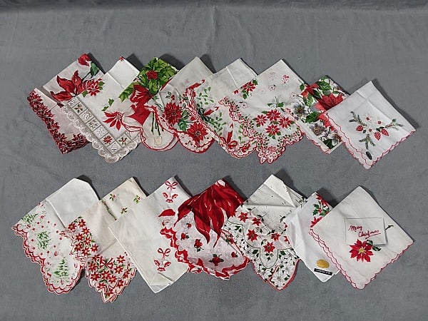 15 Vintage Printed Cotton Handkerchiefs - Poinsettia Group 10: 15 Vintage Printed Cotton Handkerchiefs - Poinsettia Group 10. Group includes 15 vintage printed and embroidered cotton handkerchiefs with poinsettia theme. All in good to very good condition, may hav