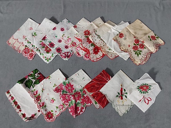 14 Vintage Printed Cotton Handkerchiefs - Poinsettia Group 11: 14 Vintage Printed Cotton Handkerchiefs - Poinsettia Group 11. Group includes 14 vintage printed and embroidered cotton handkerchiefs with poinsettia theme. All in good to very good condition, may hav