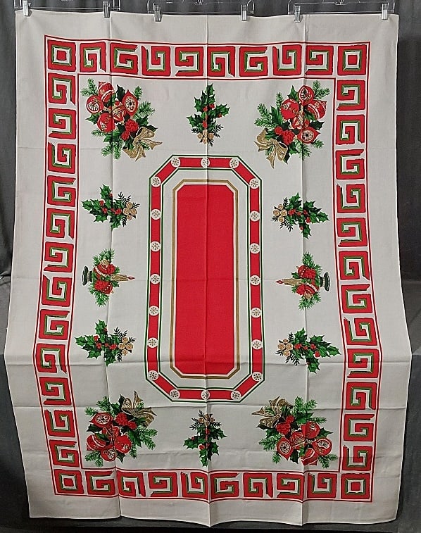 Vintage Printed Cotton Tablecloth - Christmas Ornaments: Vintage Printed Cotton Tablecloth - Christmas Ornaments. White cotton Christmas tablecloth with festive ornaments, holly and pine boughs along with bold red and green key pattern border, measures 70"x