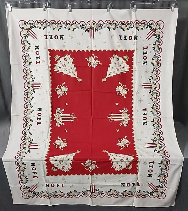 Vintage Printed Cotton Tablecloth - Noel Christmas Tree: Vintage Printed Cotton Tablecloth - Noel Christmas Tree. White cotton Christmas tablecloth with red center, white trees and white candles, as well as, "Noel" printed along border, measures 65"x 52", i
