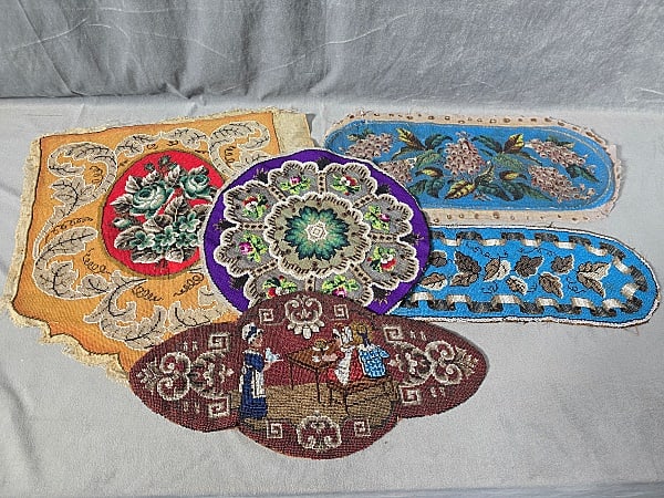5 Antique Victorian Embroidered, Beaded Pieces: 5 Antique Victorian Embroidered and Beaded Pieces. The lot includes 5 pieces of antique Victorian embroidered and beaded pieces featuring 1 fully beaded placemat on a burgundy ground with figures and 