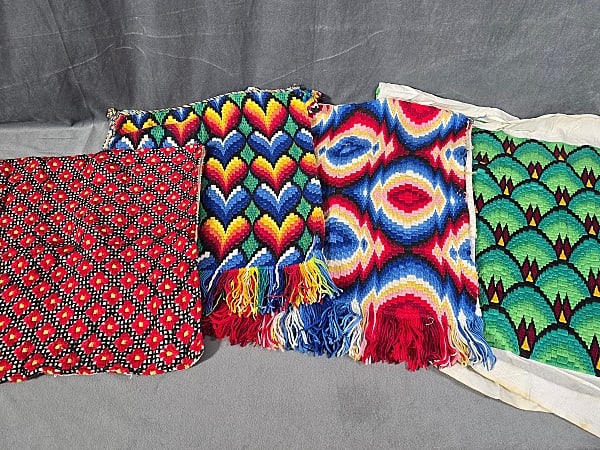 4 Vintage Bargello Embroidered Pieces: 4 Vintage Bargello Embroidered Pieces. The lot includes 4 vintage bargello embroidered pieces featuring 1 salvaged pillow cover front panel in a crosshatched floral pattern. It measures 38'' x 19'' an