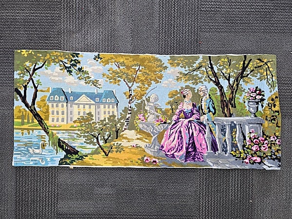 Royal Paris La Conversation Needlepoint Panel: Vintage French Royal Paris La Conversation Needlepoint Panel measuring 19.5x45". Embroidery is complete. It may have been previously framed. Finish the edges as desired and can be used decoratively or
