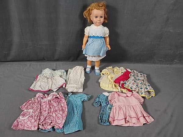 Vintage Chatty Cathy 20 Inch Doll: Chatty Cathy 20" Doll. Blonde hair, blue sleep eyes. Original outfit. Includes wardrobe of 8 dresses, and 2 pajama sets, all handmade and very well made with attention to detail and excellent workmans