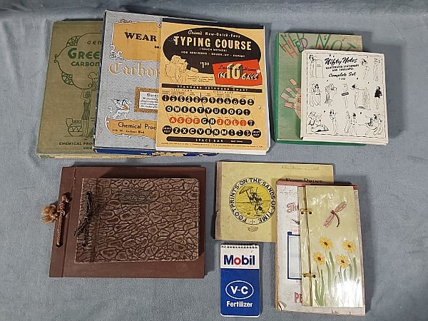 Group of Vintage Stationery, Albums, and More: Group of Vintage Stationery, Albums, and More. The lot includes a mix of vintage stationery, albums, and notebooks. Featuring 1 c1940 unused complete set of Nifty Notes featuring sailors and pin up gi
