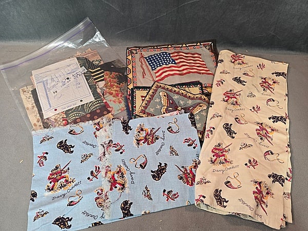 Special Vintage Fabrics from Judy Roche Collection: Special Vintage Fabrics from Judy Roche Collection includes a Davy Crockett Feedsack pillowcase, 2 pieces of Davy Crockett feedsack fabric in the blue colorway. 7 1914 Cigar Flannels with American Fla