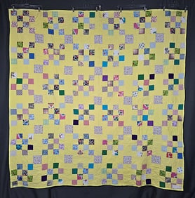 Vintage c1970s 16 Patch Quilt - Yellow