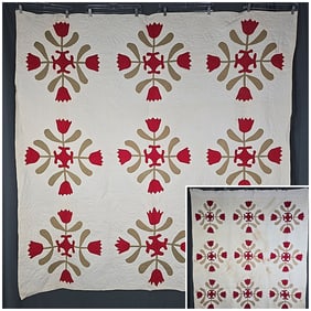 Pair of Antique c1900 Tulip Quilts