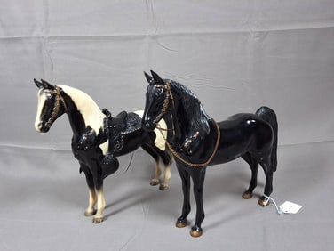 2 Breyer Western Horses - Black & Pinto with Saddle