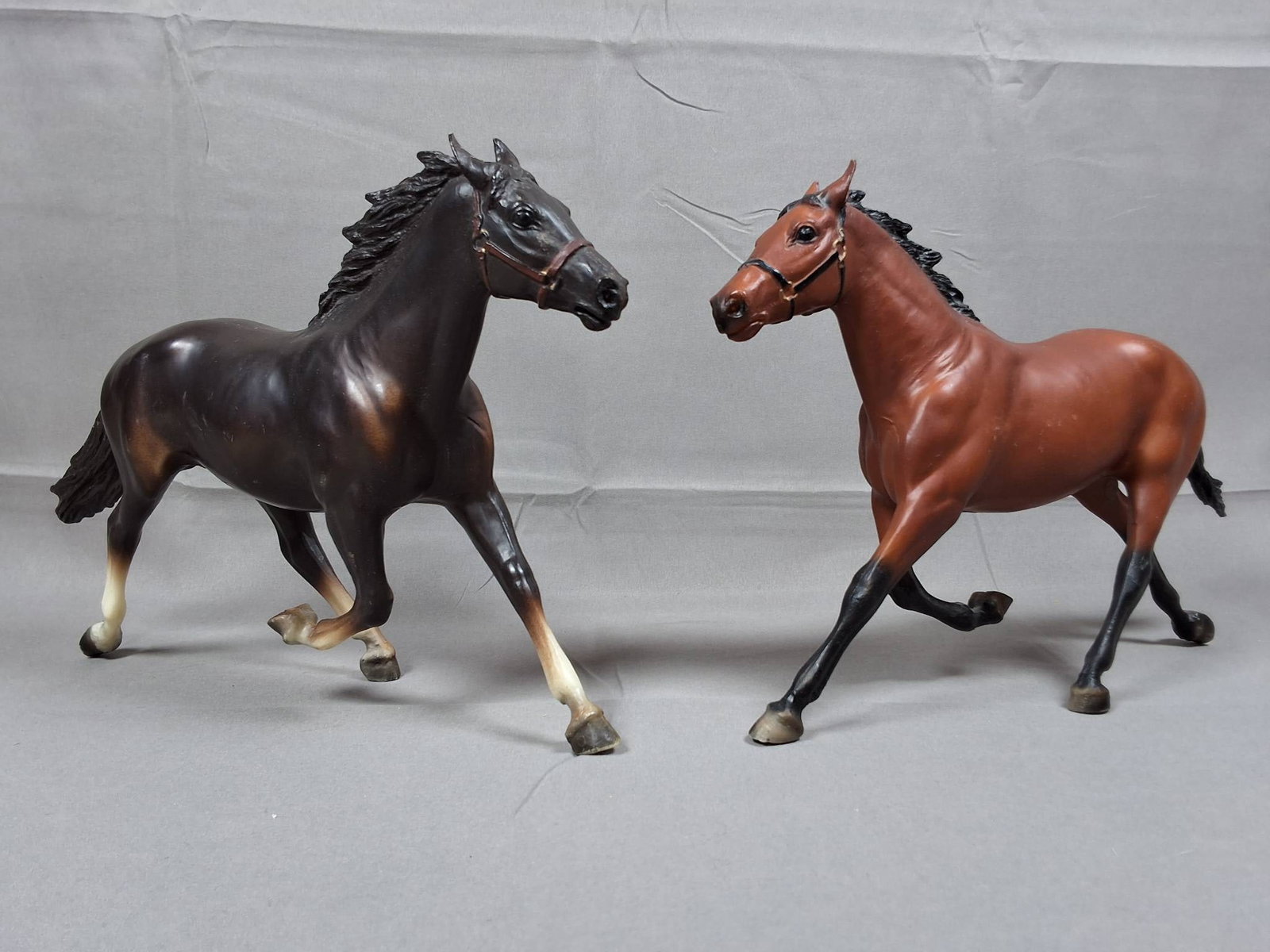 Breyer Sears Brenda Bryer Harness Pacer and Pacer #46: Breyer Sears Brenda Bryer Harness Pacer and Pacer #46 set. The Brenda Breyer figure is a semigloss bay model with four black stockings, black mane and tail, and a black harness. The Pacer figure is a 