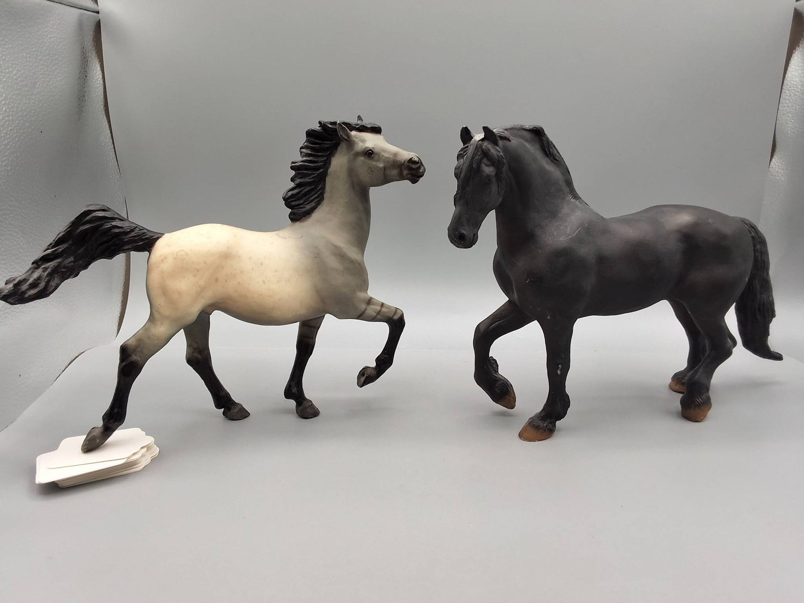 Breyer #415 Buckshot and #485 Friesian Models: 2 Breyer horse models: #415 Buckshot, representing a Famous Spanish Barb in a grulla semi-leopard pattern with leg barring, pale dorsal stripe, and optional spots on the blanket, produced from 1985-19