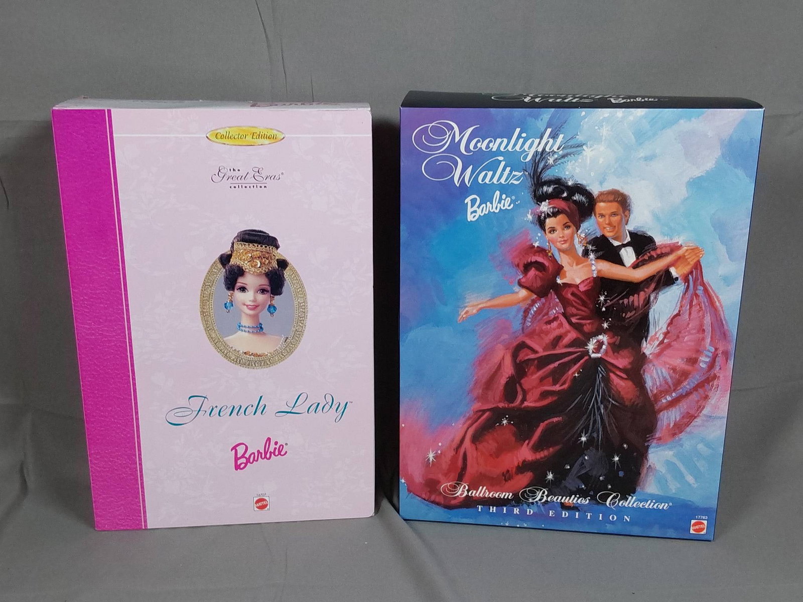 Barbie 1996 French Lady 16707 and 1997 Moonlight Waltz 17763: Two collectible Barbie dolls: French Lady Barbie and Moonlight Waltz Barbie. The French Lady Barbie showcases a detailed early 19th-century-style dress with gold and teal accents. The Moonlight Waltz 