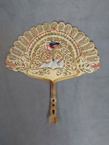 Antique Indonesian Hand Fan - Painted Vellum Leaf Horn Handle