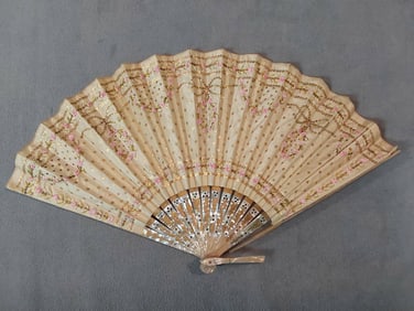 Antique Silk Leaf Folding Fan - Mother of Pearl Guard and Box